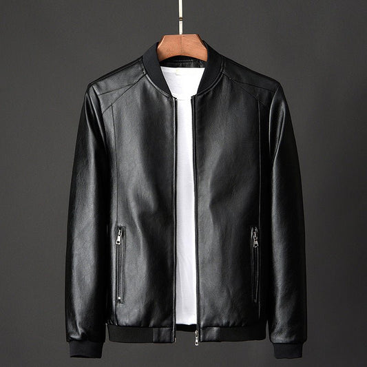 Men's Ribbed Collar PU Leather Jacket | Stand Zip Hero