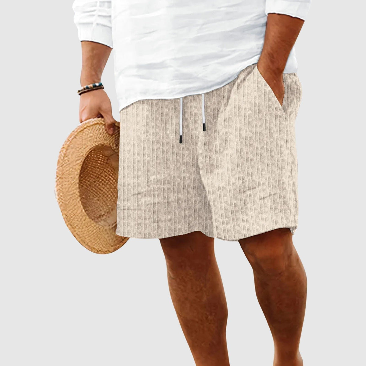 Men's Ribbed Cotton Striped Shorts | Drawstring Detail