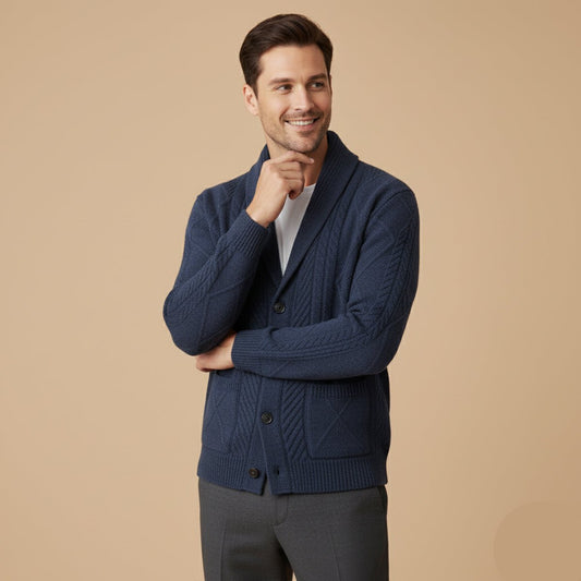 Men's Shawl Collar Wool Button Cardigan Sweater | Tailored Fit Front