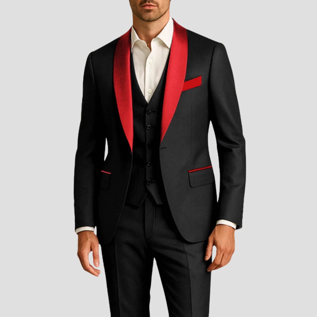 Men's Shawl Lapel Tuxedo Slim Fit | Three-Piece Weddings Formal Events Close Up