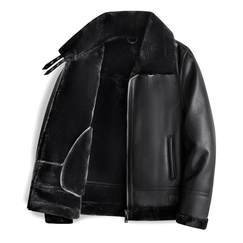 Men's Shearling Collar Leather Jacket | Zip Front Slim Fit Back