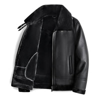 Men's Shearling Collar Leather Jacket | Zip Front Slim Fit Back