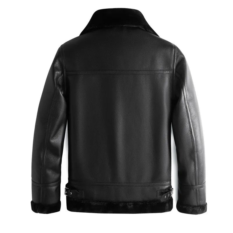 Men's Shearling Collar Leather Jacket | Zip Front Slim Fit Close Up