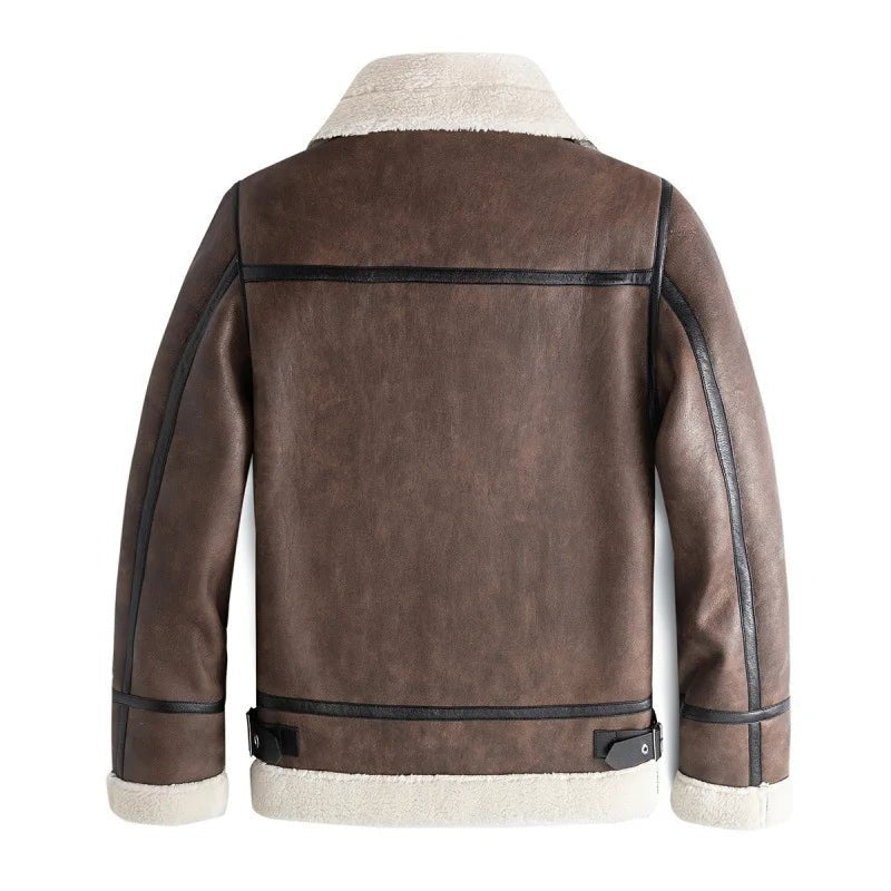 Men's Shearling Collar Leather Jacket | Zip Front Slim Fit Detail