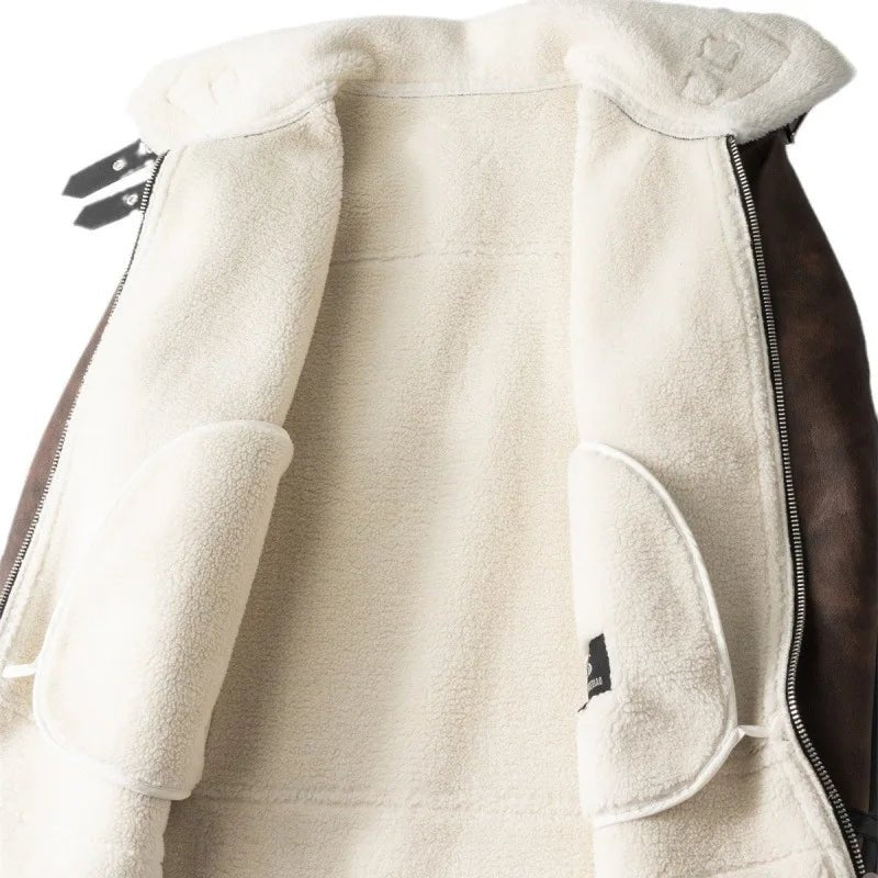 Men's Shearling Collar Leather Jacket | Zip Front Slim Fit Front