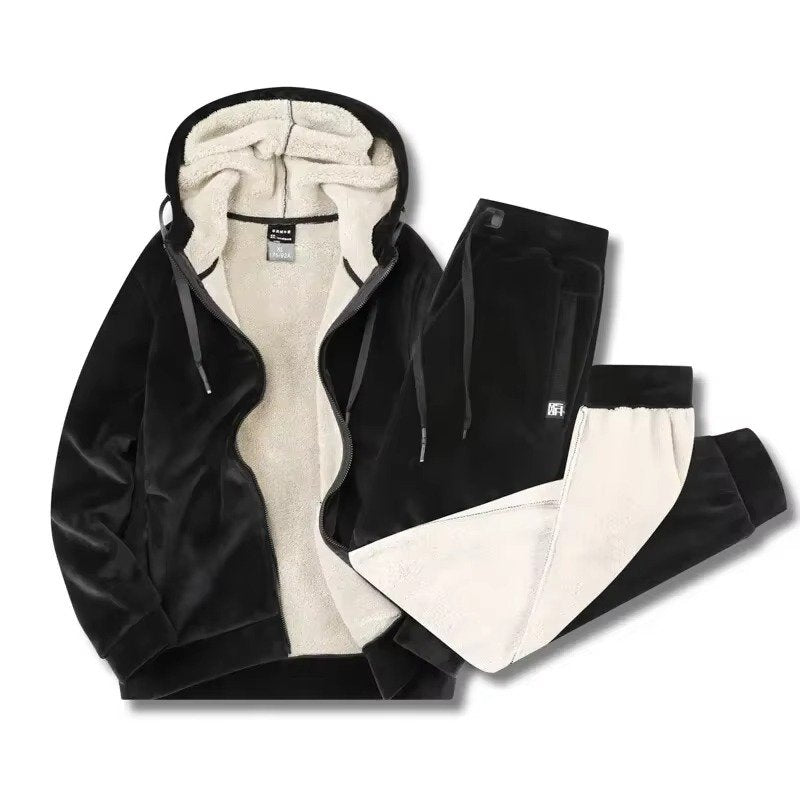 Men's Sherpa-Lined Hooded Tracksuit | Jacket Pants Winter Warmth Detail