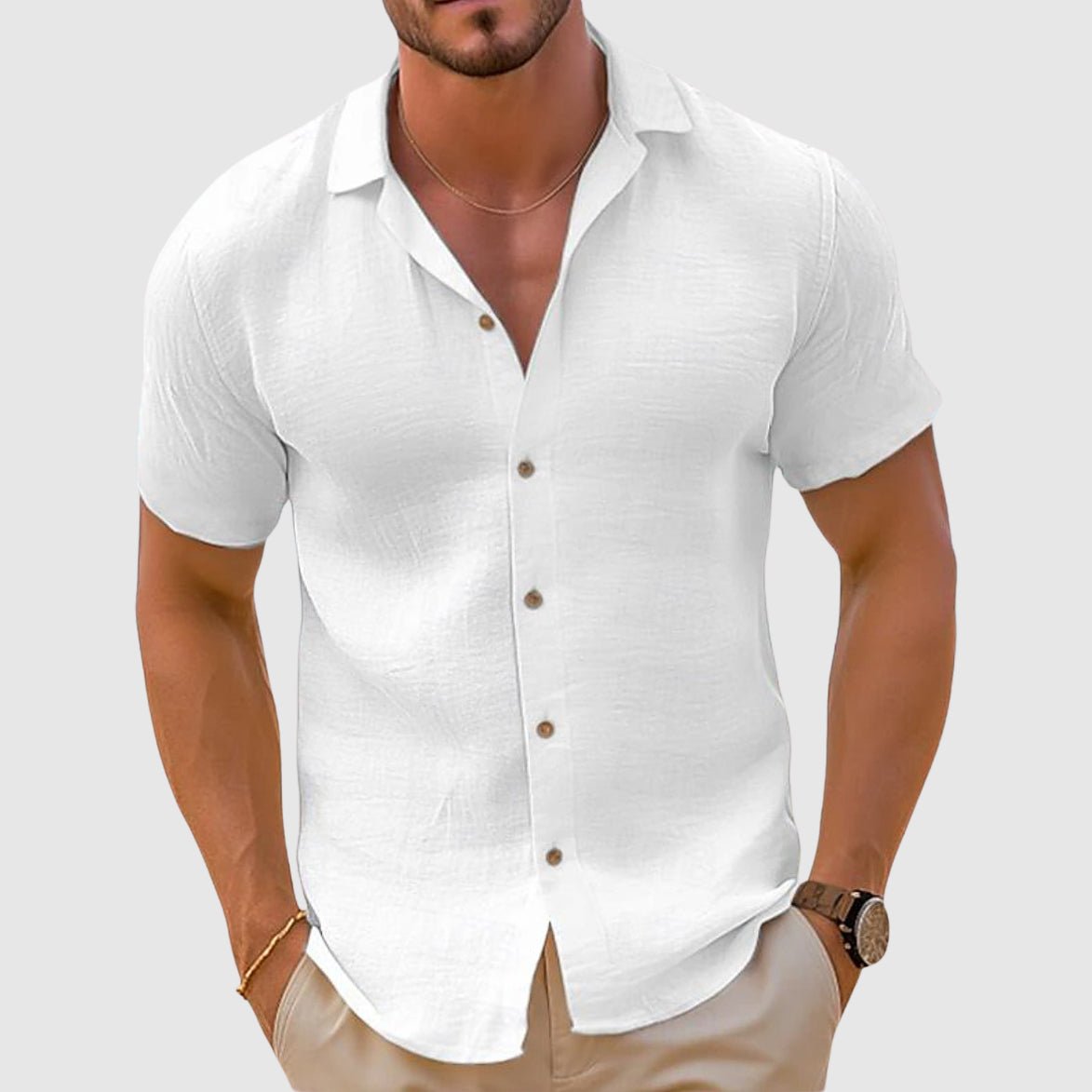 Men's Short Sleeve Collar Linen Shirt Detail