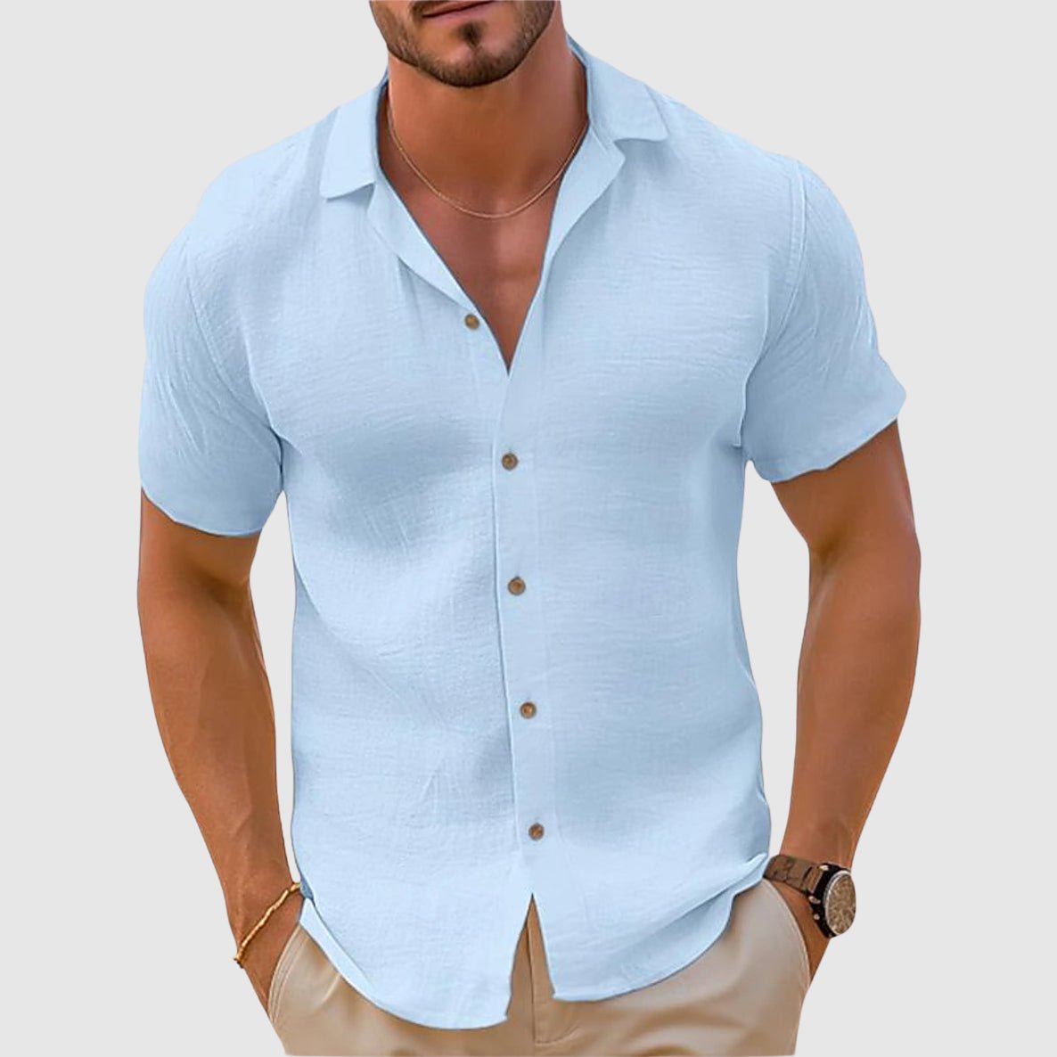 Men's Short Sleeve Collar Linen Shirt Side