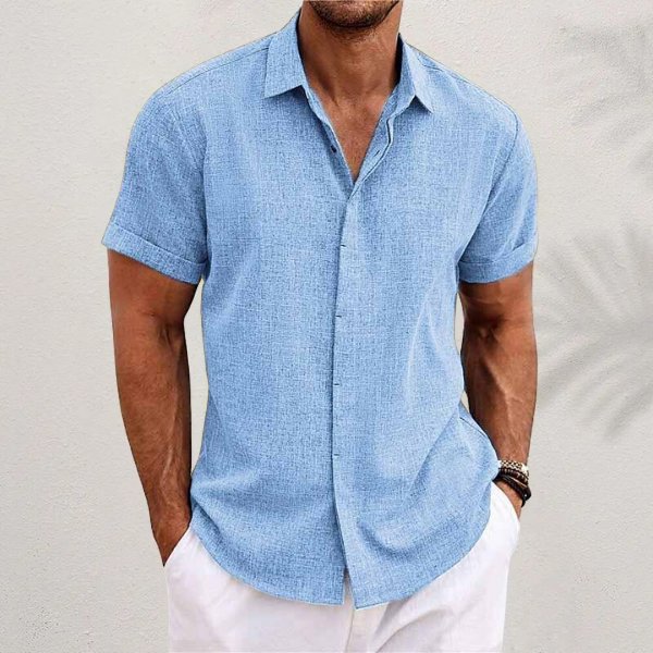 Men's Short Sleeve Linen Blend Casual Shirt | Tapered Fit Close Up