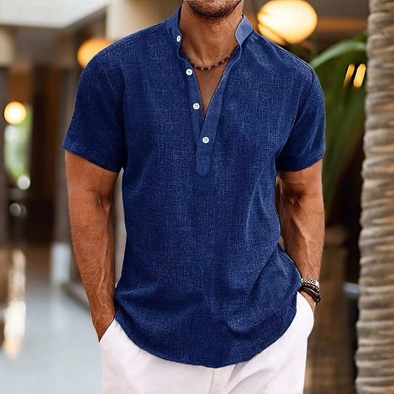 Men's Short Sleeve Linen Henley Shirt | Casual Close Up