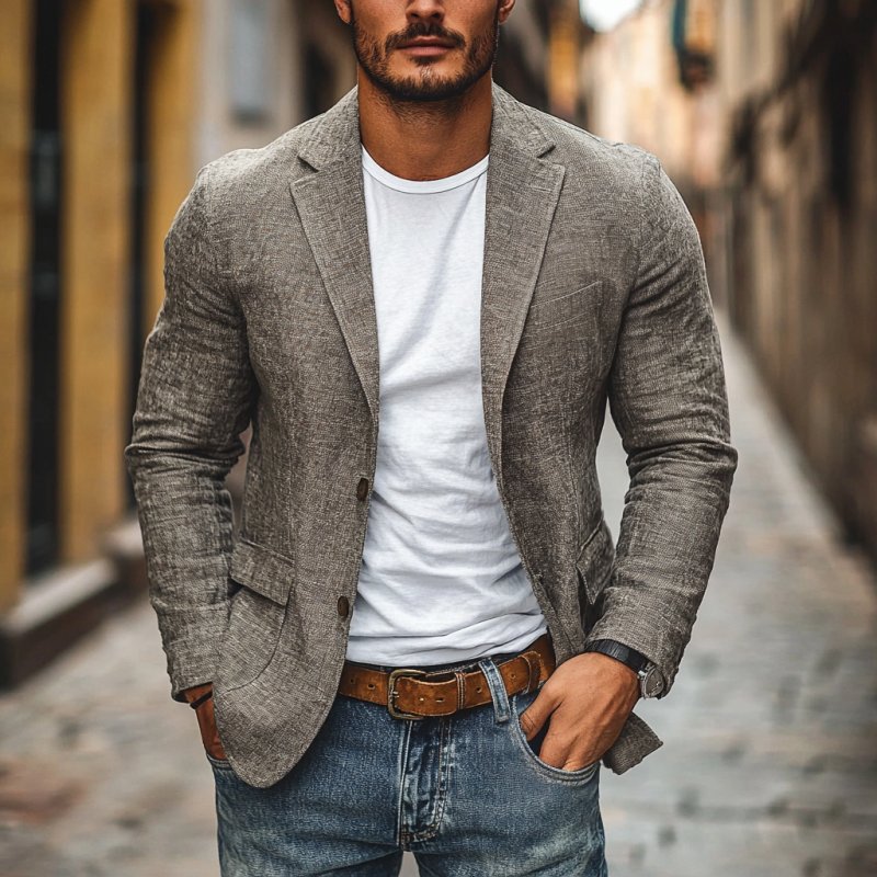 Men's Single-Breasted Cotton Linen Blazer | Slim Fit Side
