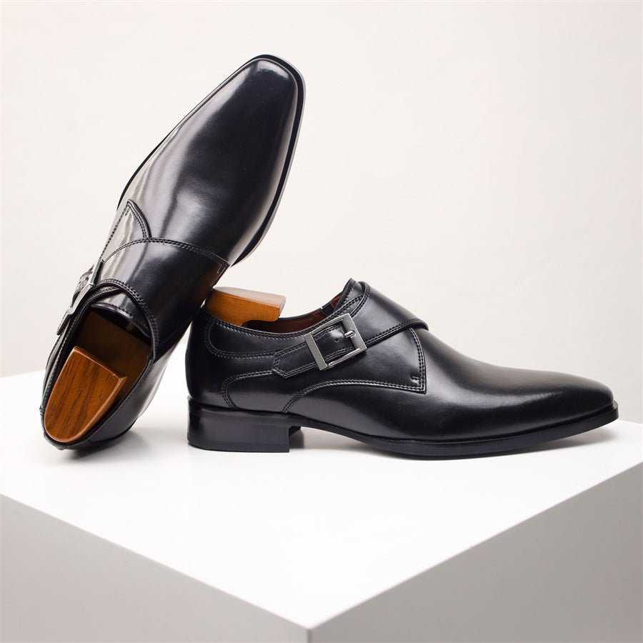 Men's Single Buckle Monk Strap Shoes | Leather Pointed Toe Close Up