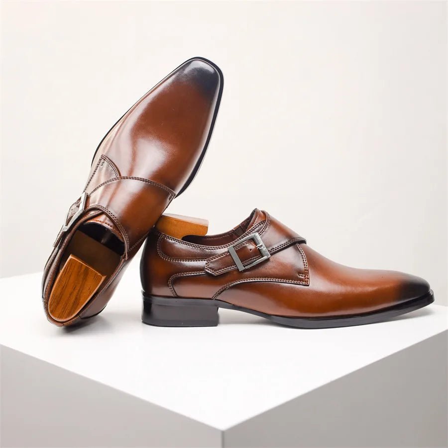 Men's Single Buckle Monk Strap Shoes | Leather Pointed Toe Detail