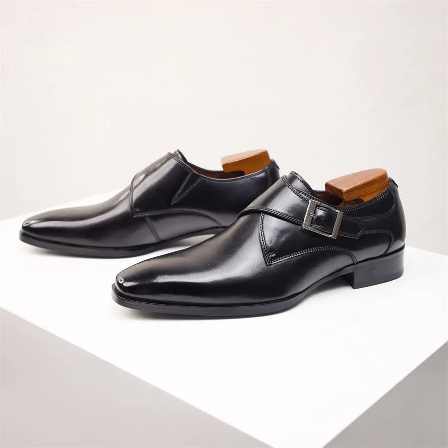 Men's Single Buckle Monk Strap Shoes | Leather Pointed Toe Side