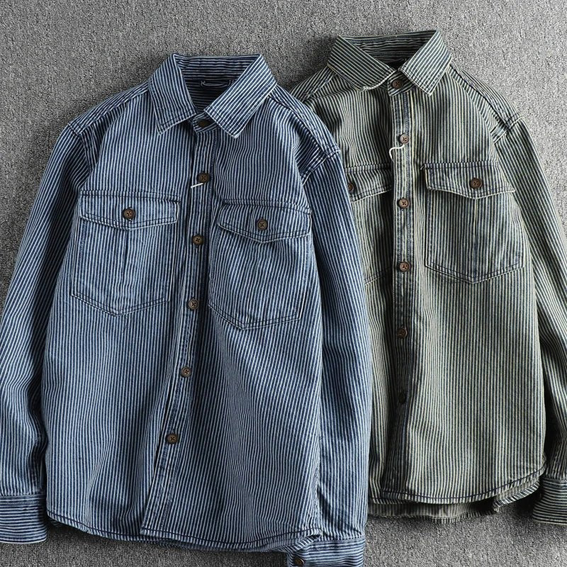 Men's Striped Vintage Denim Shirt | Classic Side