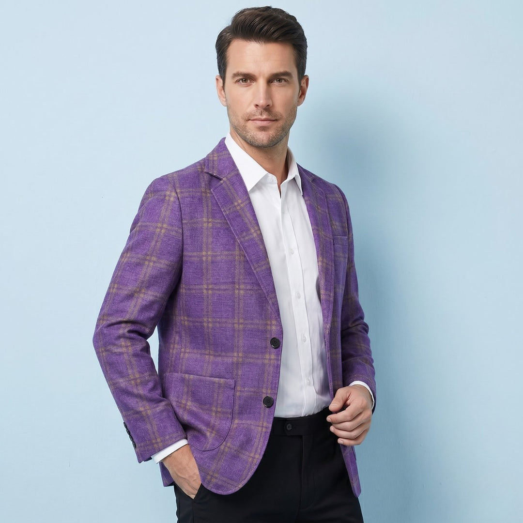 Men's Tailored Fit Suit Plaid Blazer | Patch Pocket Classic Full