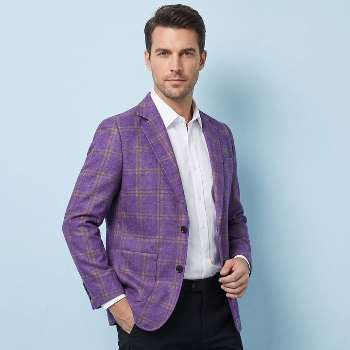 Men's Tailored Fit Suit Plaid Blazer | Patch Pocket Classic Full