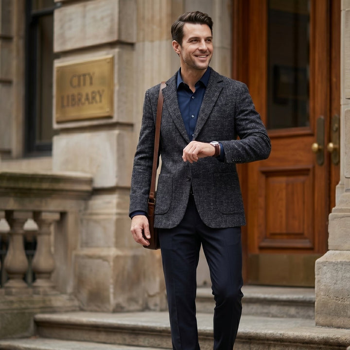 Men's Tailored Fit Suit Plaid Blazer | Patch Pocket Classic View 11