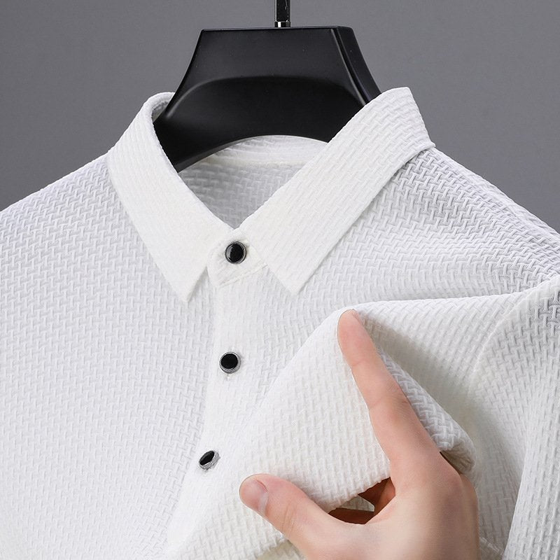 Men's Textured Elegance Polo Shirt | Snap Button Placket Back