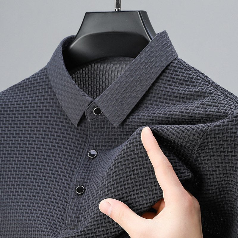 Men's Textured Elegance Polo Shirt | Snap Button Placket Close Up