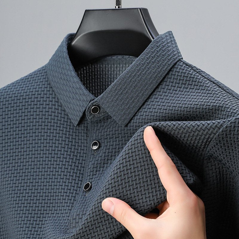 Men's Textured Elegance Polo Shirt | Snap Button Placket Detail