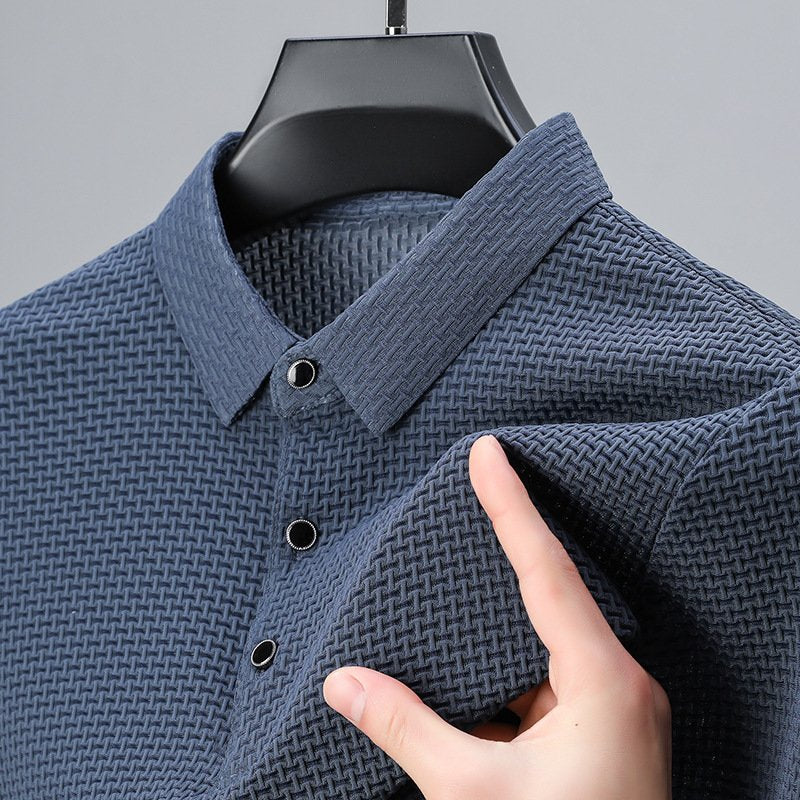 Men's Textured Elegance Polo Shirt | Snap Button Placket Front