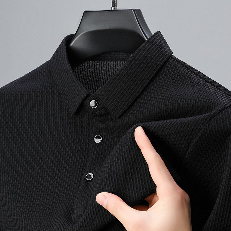 Men's Textured Elegance Polo Shirt | Snap Button Placket Side
