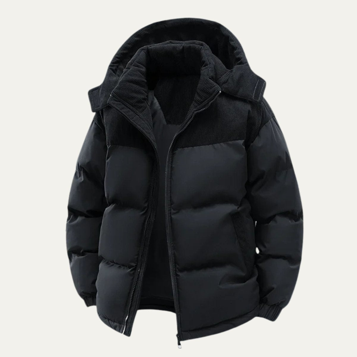Men's Thick Hooded Puffer Winter Jacket | Corduroy Yoke Angle