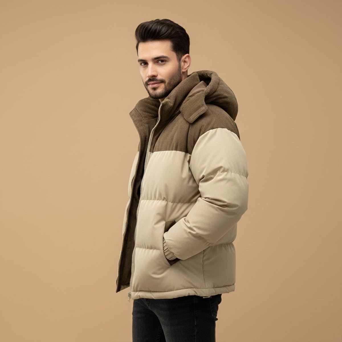 Men's Thick Hooded Puffer Winter Jacket | Corduroy Yoke Front