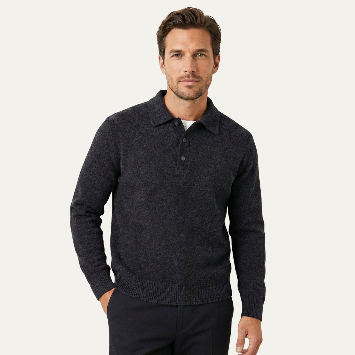 Men's Trendy Soft Knit Polo Sweater | Polo Collar Close Up