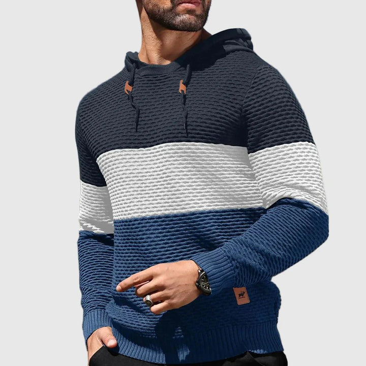 Men's Triple Tone Knit Pullover | Stripe Knit Hoodie Close Up