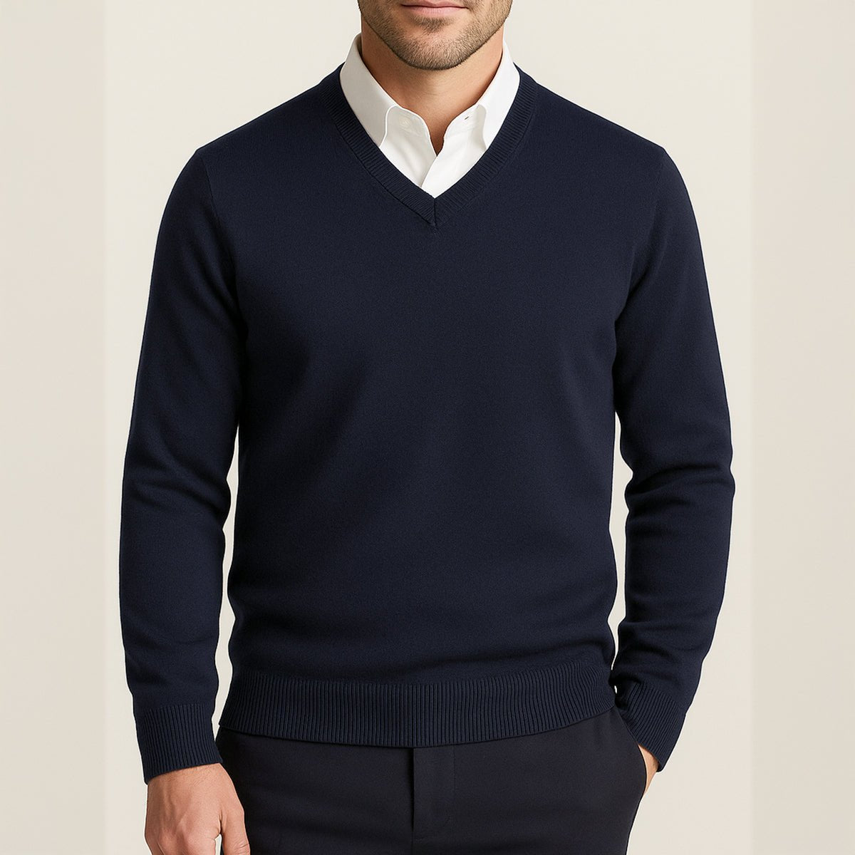 Men's V-Neck Wool Sweater | Slim Fit Knit Pullover Angle