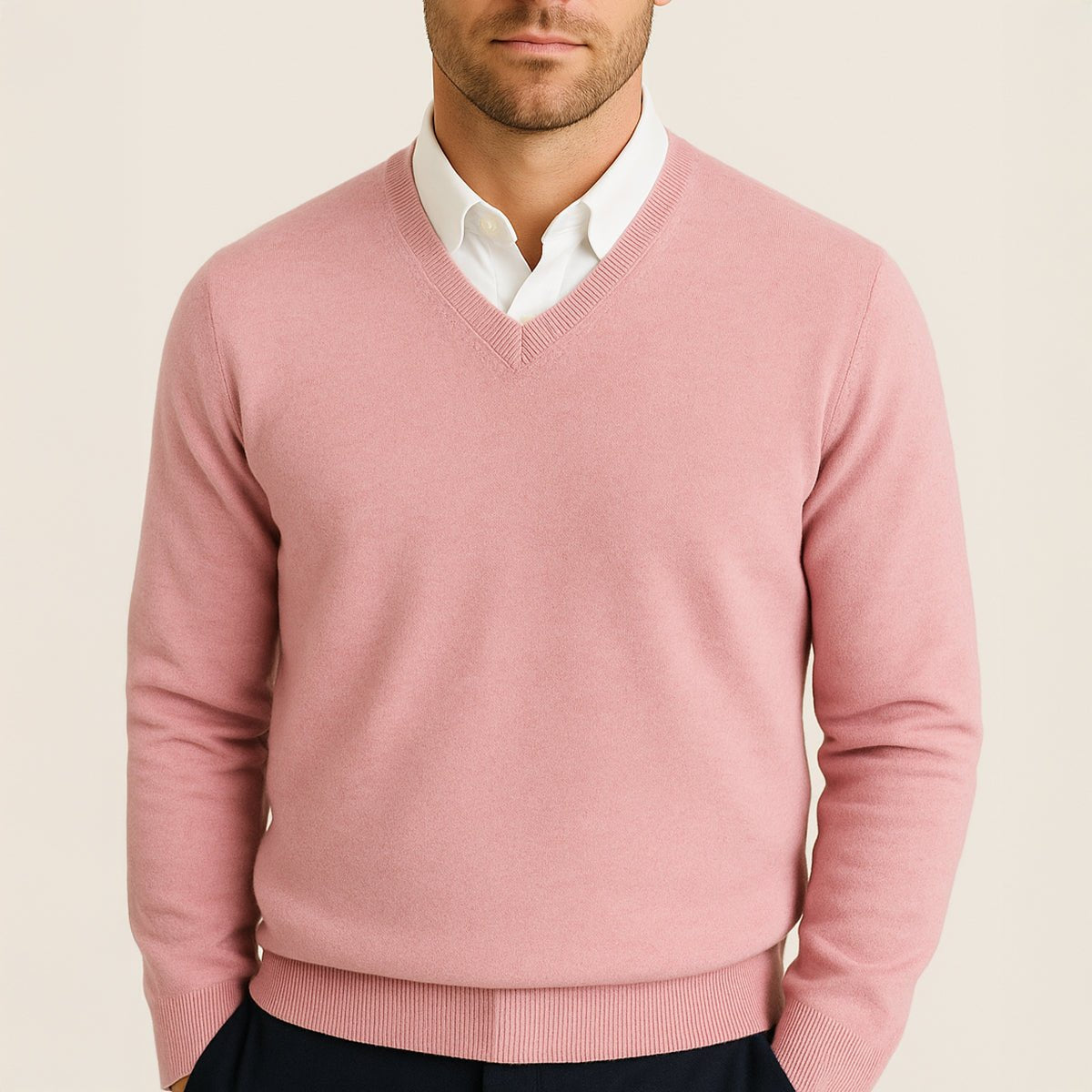 Men's V-Neck Wool Sweater | Slim Fit Knit Pullover Close Up