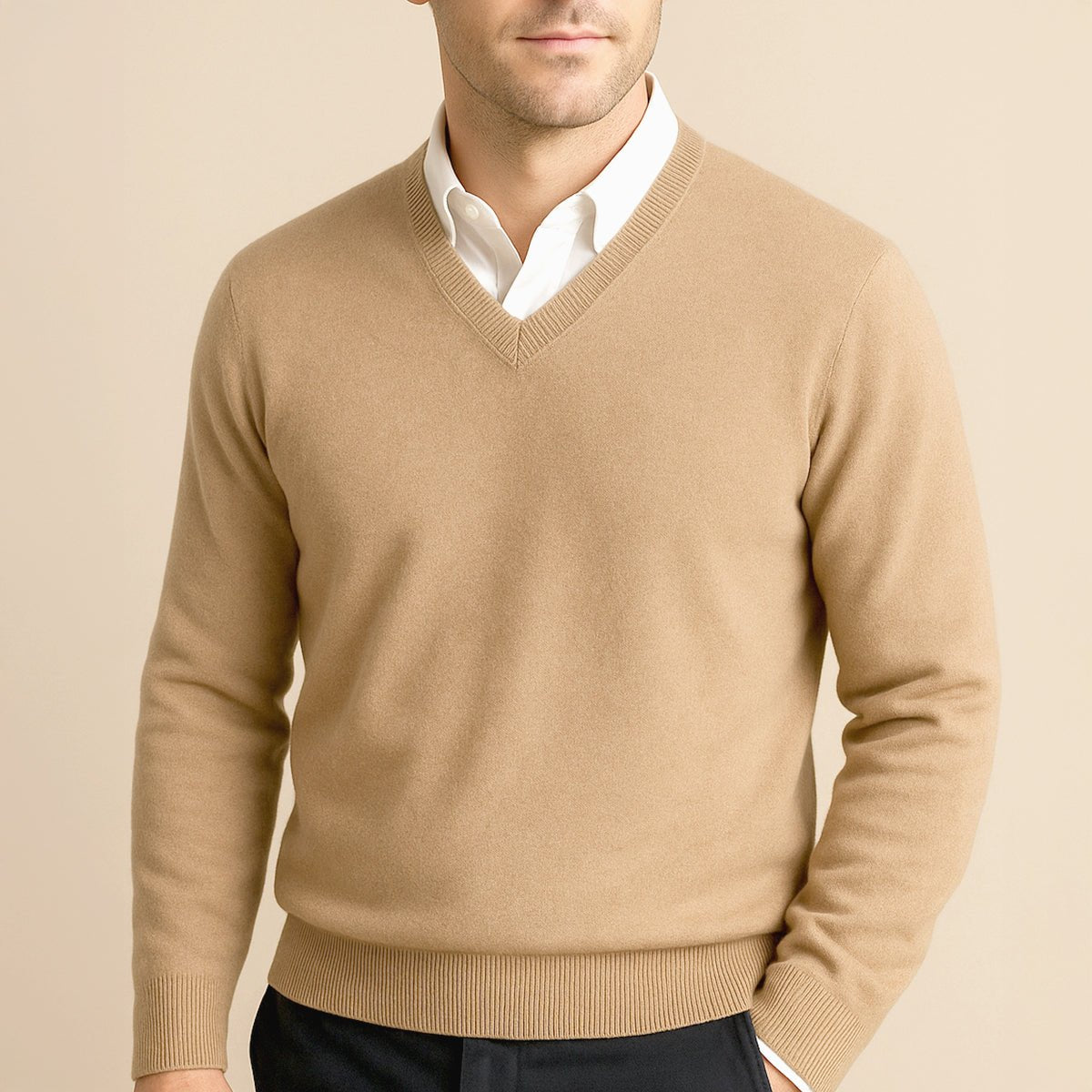 Men's V-Neck Wool Sweater | Slim Fit Knit Pullover Detail