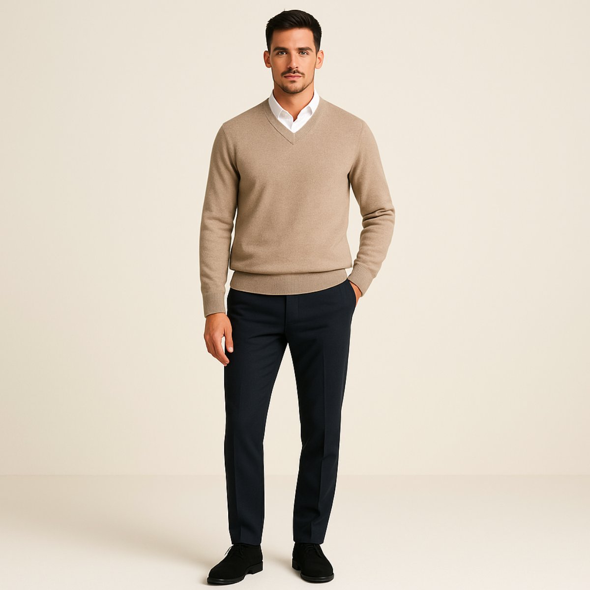 Men's V-Neck Wool Sweater | Slim Fit Knit Pullover Front