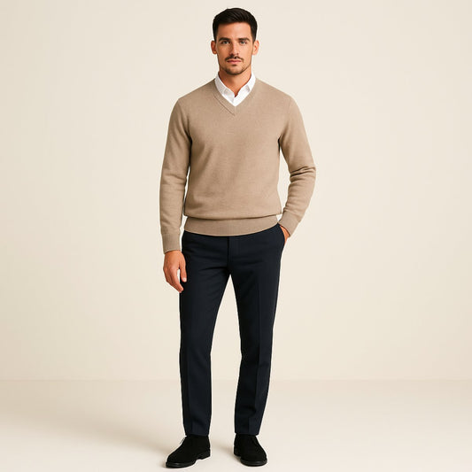 Men's V-Neck Wool Sweater | Slim Fit Knit Pullover Front