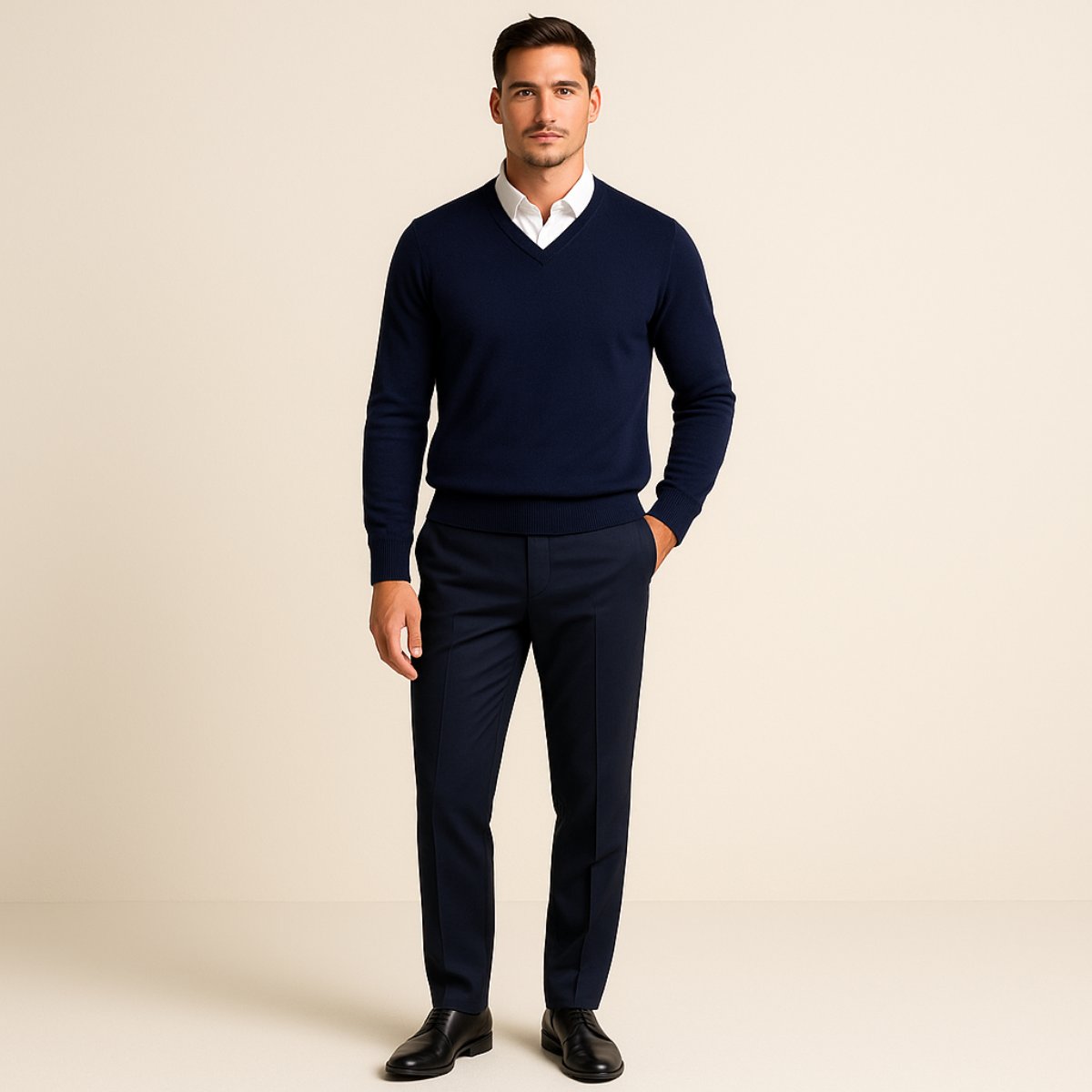 Men's V-Neck Wool Sweater | Slim Fit Knit Pullover Full