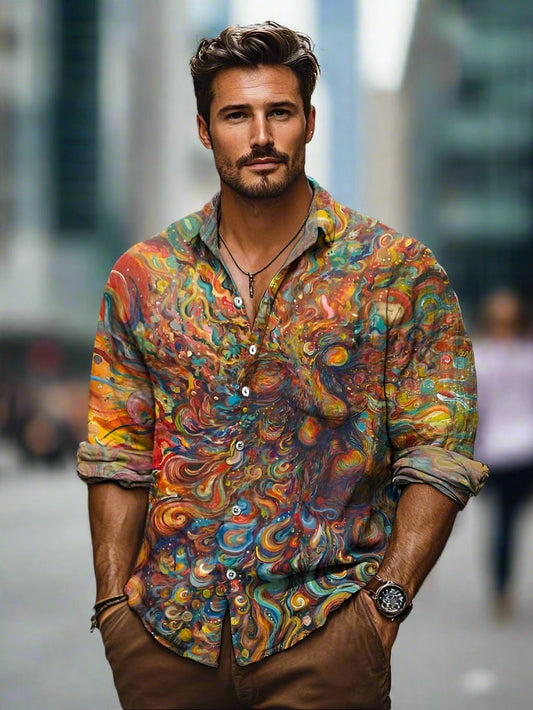 Men's Vibrant Abstract Button-Down Shirt | Psychedelic Swirl Print Hero