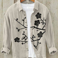 Men's Vintage Japanese Art Print Linen Shirt | Great Wave Angle