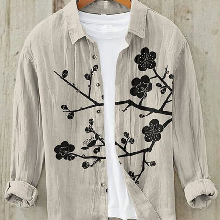 Men's Vintage Japanese Art Print Linen Shirt | Great Wave Angle