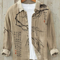 Men's Vintage Japanese Art Print Linen Shirt | Great Wave Back