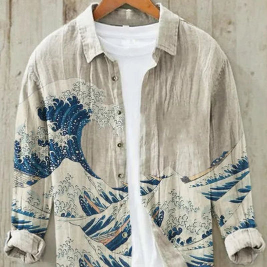 Men's Vintage Japanese Art Print Linen Shirt | Great Wave Hero