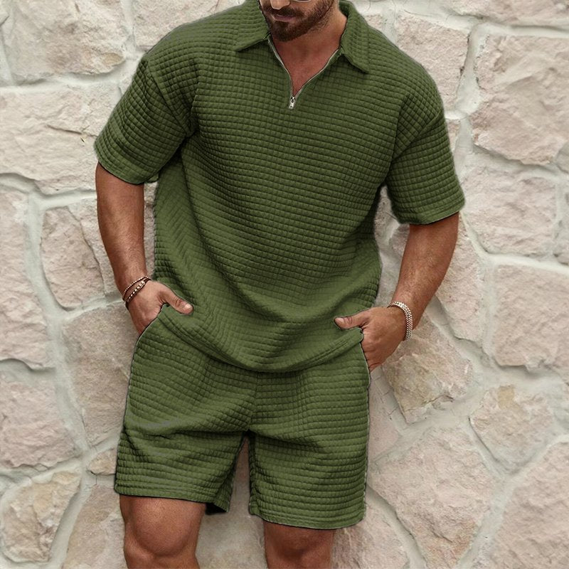 Men's Waffle Knit Half-Zip Polo Set | Shorts Included Close Up