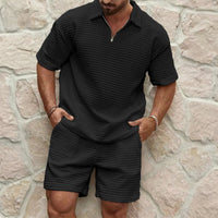 Men's Waffle Knit Half-Zip Polo Set | Shorts Included Detail