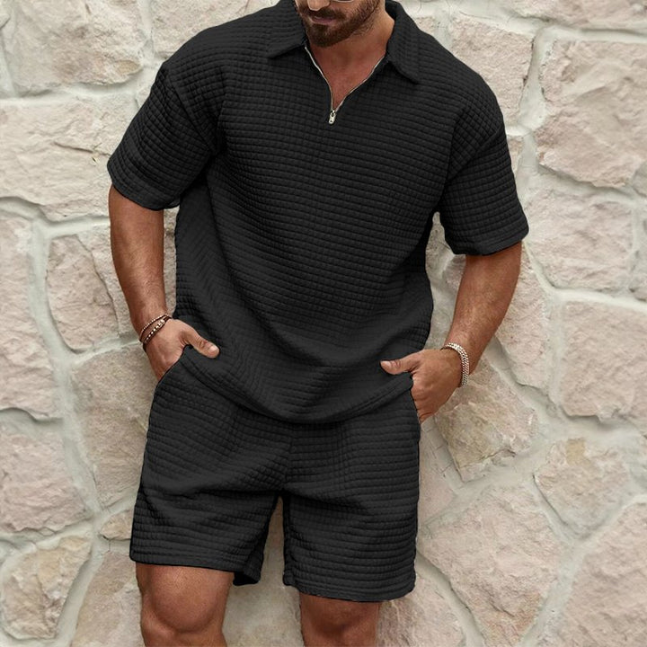 Men's Waffle Knit Half-Zip Polo Set | Shorts Included Detail