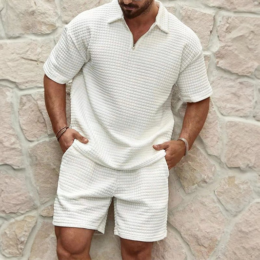 Men's Waffle Knit Half-Zip Polo Set | Shorts Included Hero