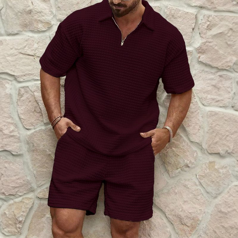 Men's Waffle Knit Half-Zip Polo Set | Shorts Included Lifestyle