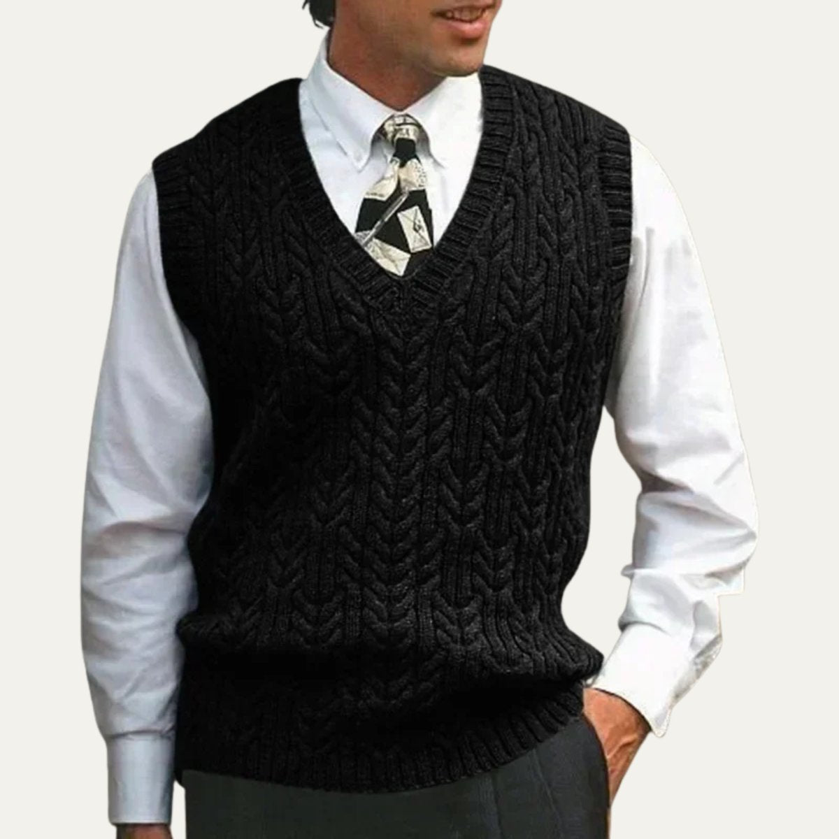 Men's Warm Cable Knitted V Neck Sweater Vest | Layering Detail