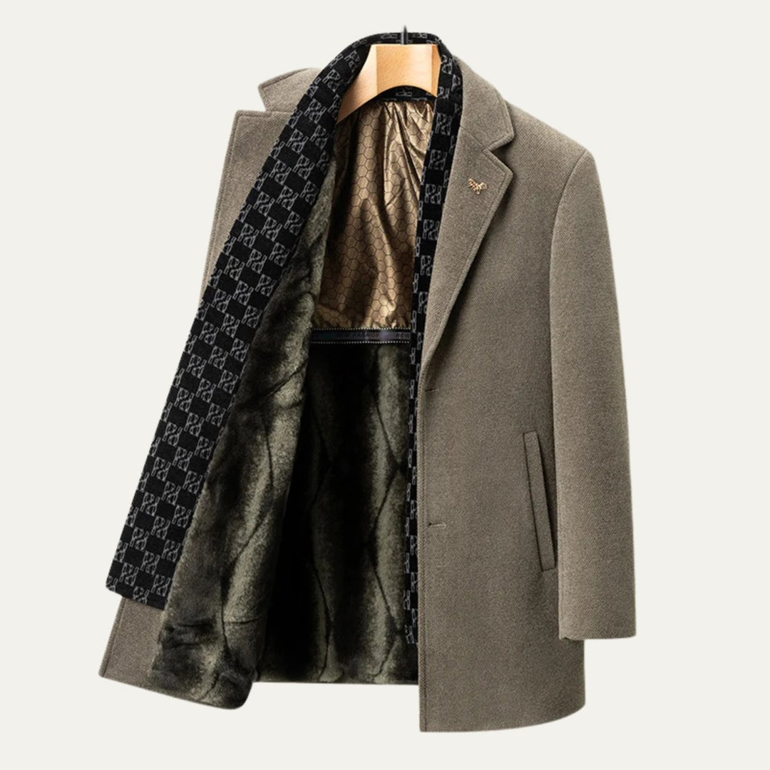 Men's Warm Fur Lined Coat | Scarf Collar Tailored Fit Close Up