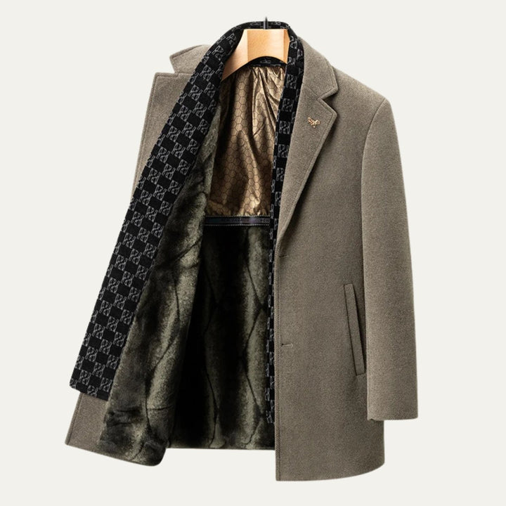 Men's Warm Fur Lined Coat | Scarf Collar Tailored Fit Close Up